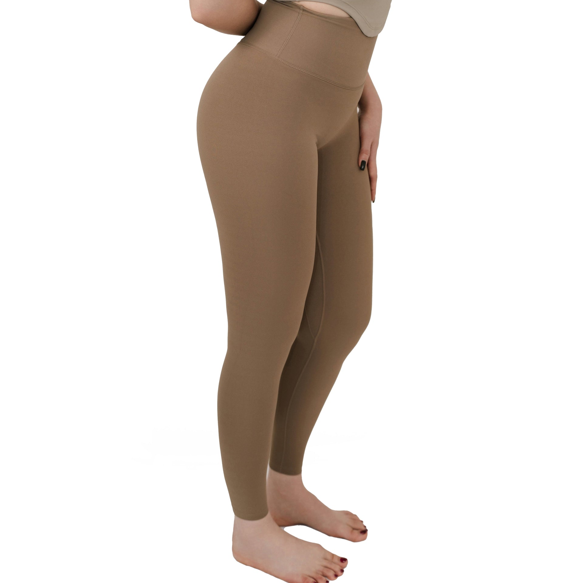 VLIZ Ultra Soft SculptFit Long Leggings in khaki shown from the side, highlighting the high-waisted fit and sleek leg contour, ideally ideal for yoga and weight training.
