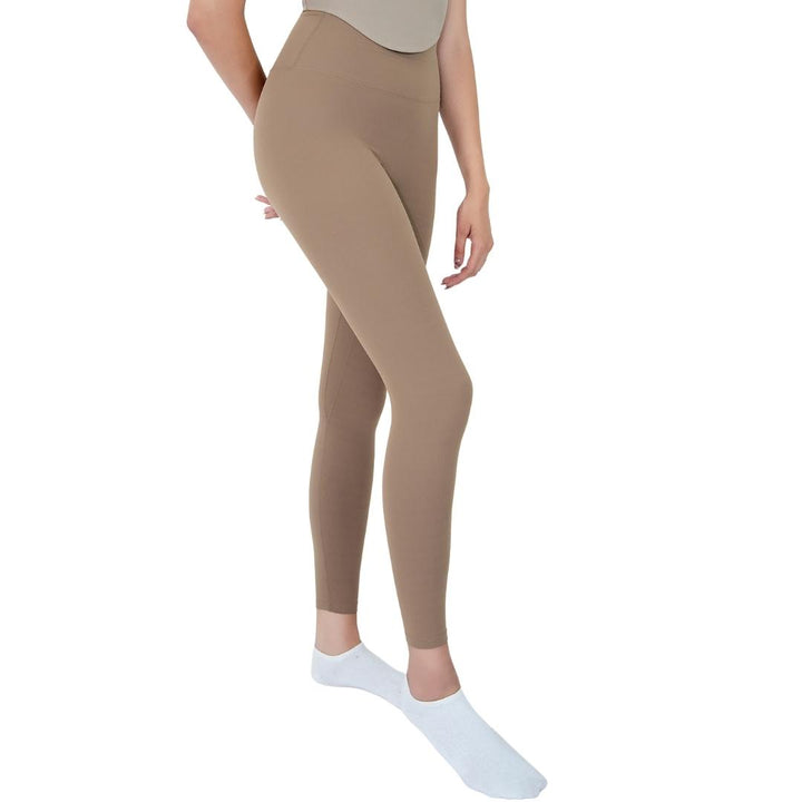 VLIZ Ultra Soft SculptFit Long Leggings in light brown/khaki shown from the side, highlighting the high-waisted fit and sleek leg contour, ideally ideal for yoga and weight training.