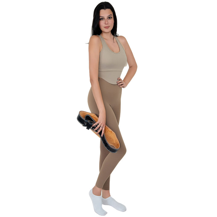 VLIZ Ultra Soft SculptFit Long Leggings in Light Brown, featuring a high-rise waistband and sleek leg-contouring fit—ideal for yoga, Pilates, cardio, and weight training.