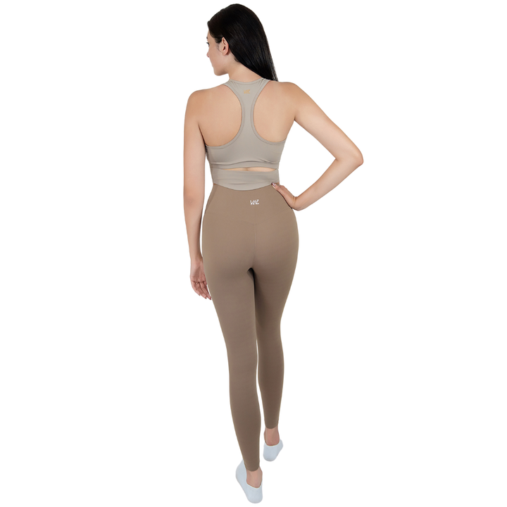 VLIZ Ultra Soft SculptFit Long Leggings in Light Brown, featuring a high-rise waistband and sleek leg-contouring fit—ideal for yoga, Pilates, cardio, and weight training.
