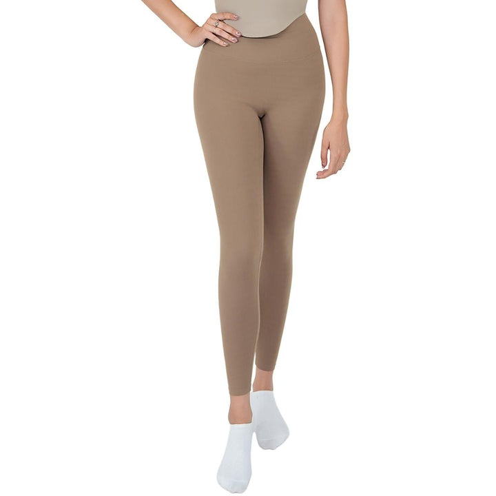 VLIZ Ultra Soft SculptFit Long Leggings in light brown/khaki shown from the side, highlighting the high-waisted fit and sleek leg contour, ideally ideal for yoga and weight training.