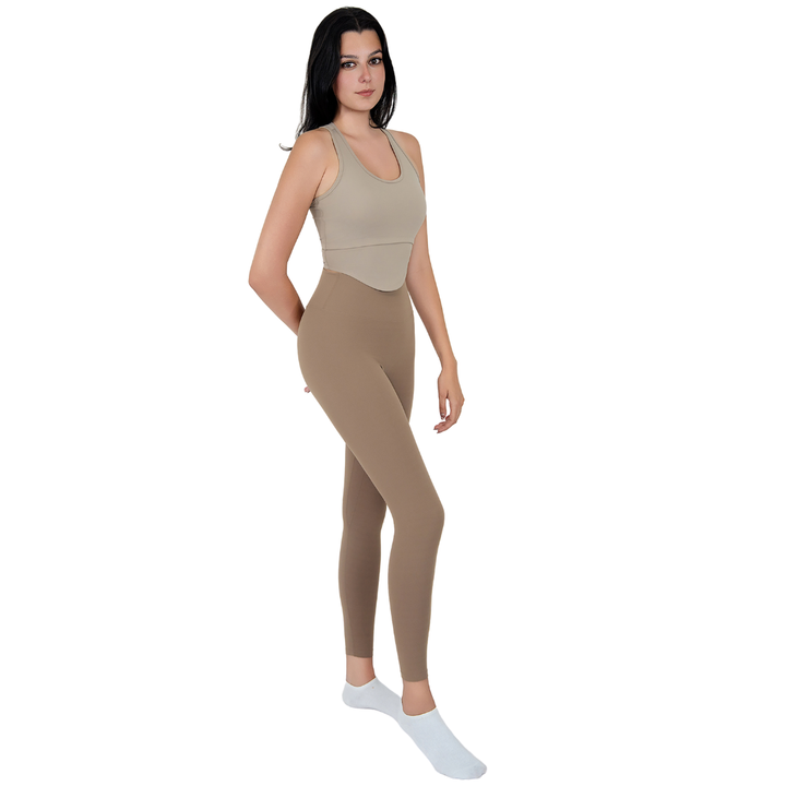 VLIZ Ultra Soft SculptFit Long Leggings in Light Brown, featuring a high-rise waistband and sleek leg-contouring fit—ideal for yoga, Pilates, cardio, and weight training.