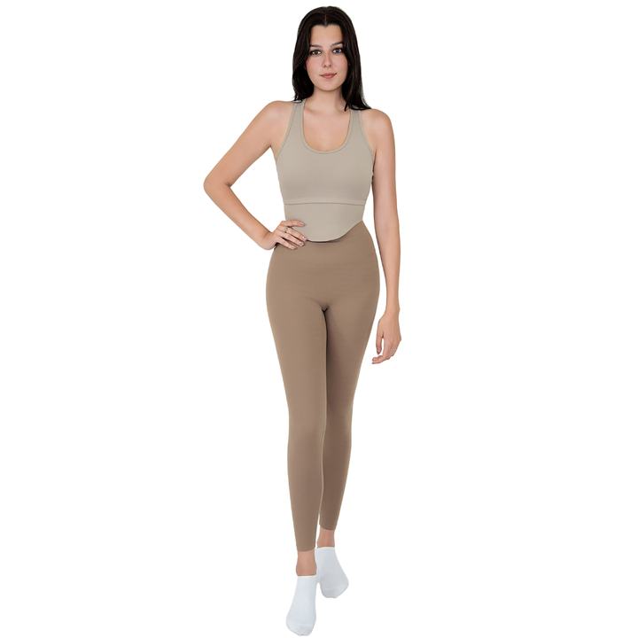 VLIZ Ultra Soft SculptFit Long Leggings in Light Brown, featuring a high-rise waistband and sleek leg-contouring fit—ideal for yoga, Pilates, cardio, and weight training.