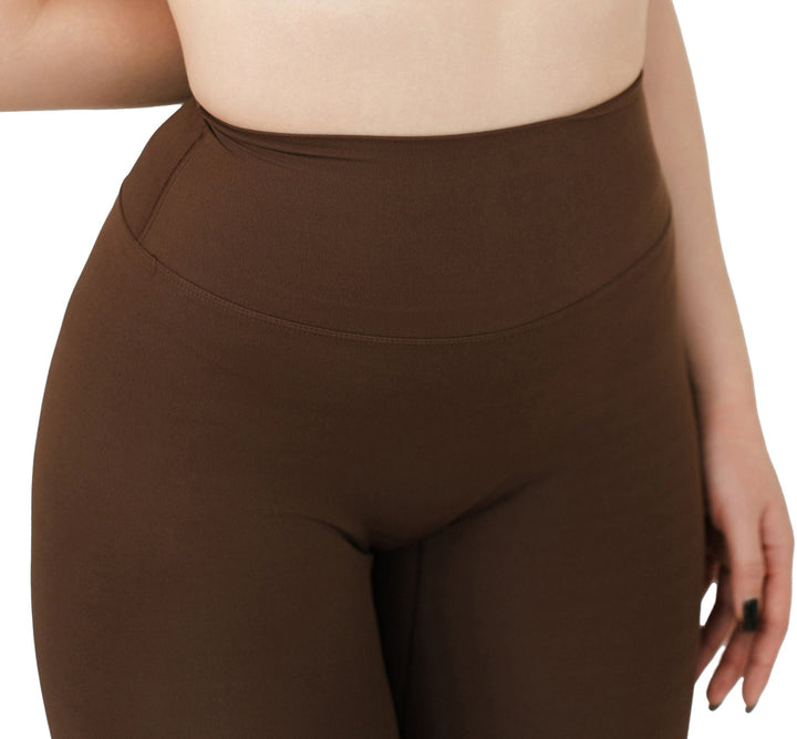 Close-up front view of the VLIZ Ultra Soft SculptFit Mid-Length Legging Shorts in chestnut brown, showing the high-rise waistband and smooth, seamless finish for a flattering fit.