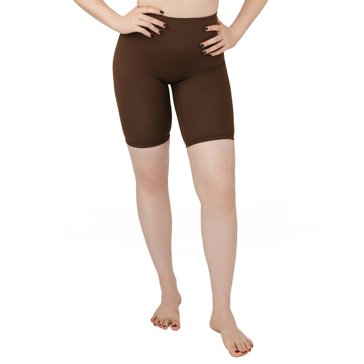 VLIZ Ultra Soft SculptFit Mid-Length Legging Shorts in chestnut brown, shown from waist to knee in a front view. High-rise waistband and body-hugging fit highlight the contouring design.