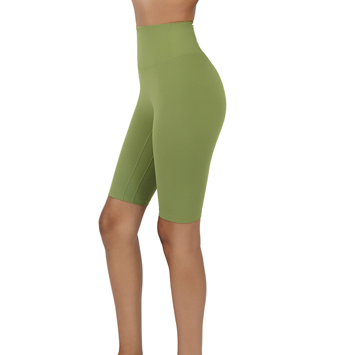 VLIZ Ultra Soft SculptFit Mid-Length Legging Shorts in Matcha Green, featuring a sleek high-waisted design, compressive contour fit, and a hidden phone pocket at the inner back waistband.