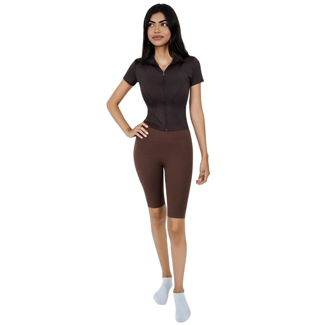 VLIZ Ultra Soft SculptFit Mid-Length Legging Shorts in Chestnut Brown, featuring a high-rise waistband, breathable four-way stretch nylon, a hidden phone pocket at the inner back waistband, and above-the-knee length—ideal for yoga, Pilates, cardio, and gym training.