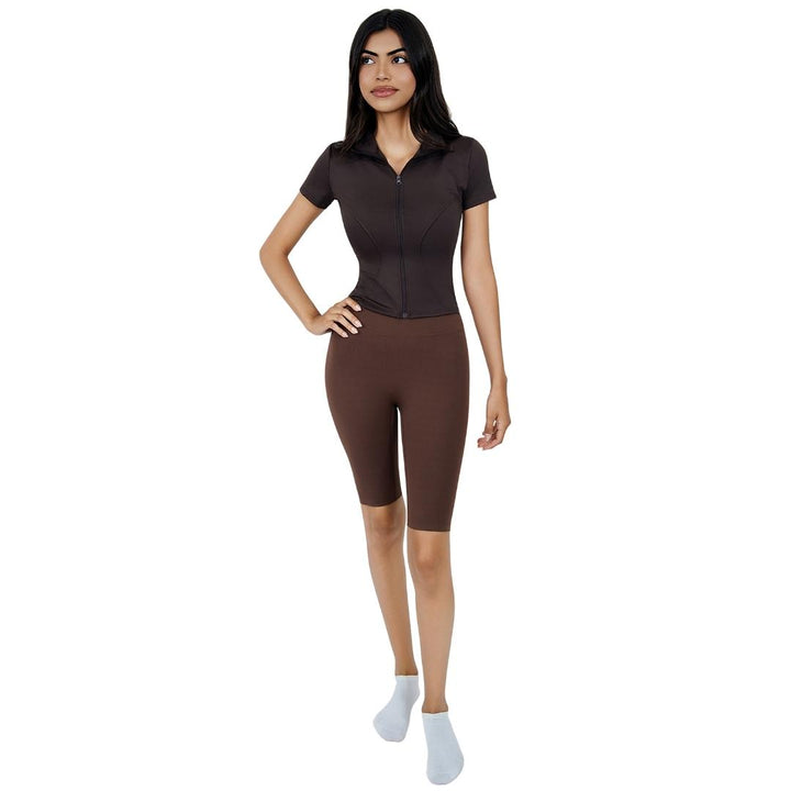 VLIZ Ultra Soft SculptFit Mid-Length Legging Shorts in Chestnut Brown, featuring a high-rise waistband, breathable four-way stretch nylon, a hidden phone pocket at the inner back waistband, and above-the-knee length—ideal for yoga, Pilates, cardio, and gym training.