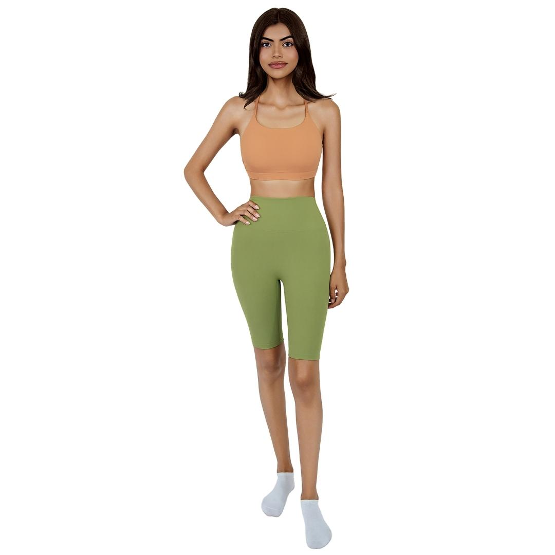 VLIZ Ultra Soft SculptFit Mid-Length Legging Shorts in Matcha Green, featuring a sleek high-waisted design, compressive contour fit, and a hidden phone pocket at the inner back waistband—ideal for yoga, Pilates, cardio, and gym workouts.