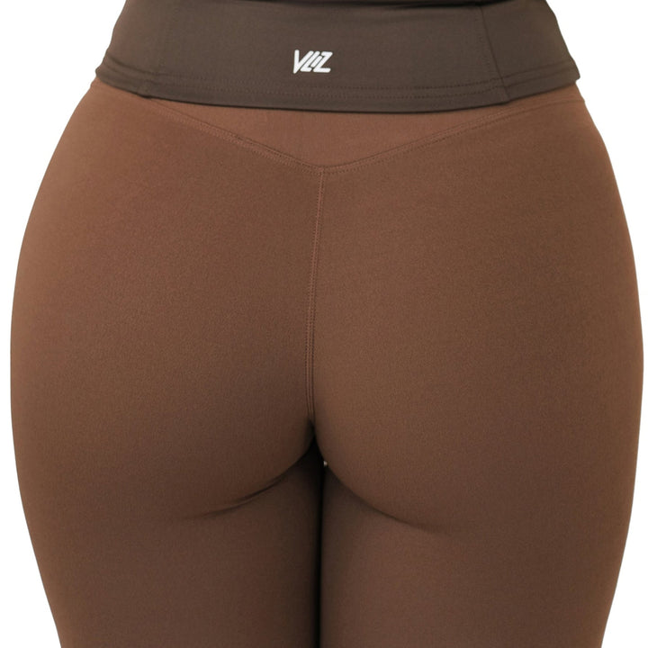 Back close-up view of VLIZ Ultra Soft SculptFit Mid-Length Legging Shorts in Chestnut Brown, highlighting the high-rise waistband and sculpting seam details.