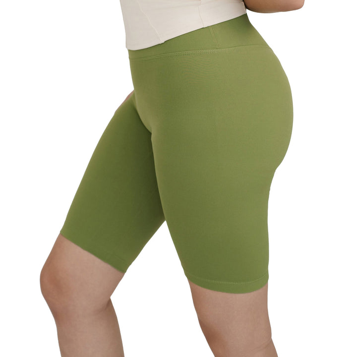 Side view of VLIZ Ultra Soft SculptFit Mid-Length Legging Shorts in Matcha Green, showing the snug high-rise waistband and smooth, second-skin fit.