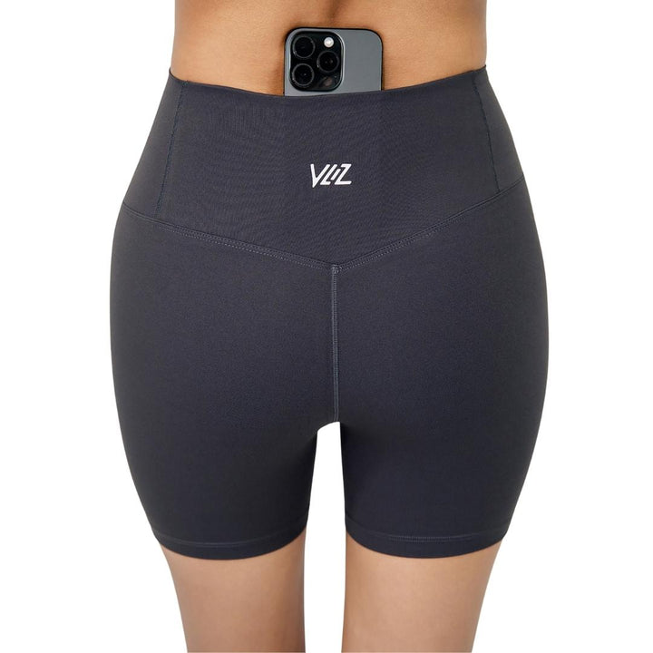 VLIZ Ultra Soft SculptFit Short Leggings in Gray, featuring a high-rise waistband, sculpted compression fit, clean hemline, and a hidden phone pocket at the inner back waistband—ideal for yoga, Pilates, cardio, and everyday training.