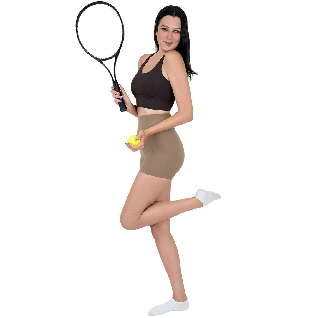 VLIZ Ultra Soft SculptFit Short Leggings in Gray, featuring a high-rise waistband, sculpted compression fit, clean hemline, and a hidden phone pocket at the inner back waistband—ideal for yoga, Pilates, cardio, and everyday training.