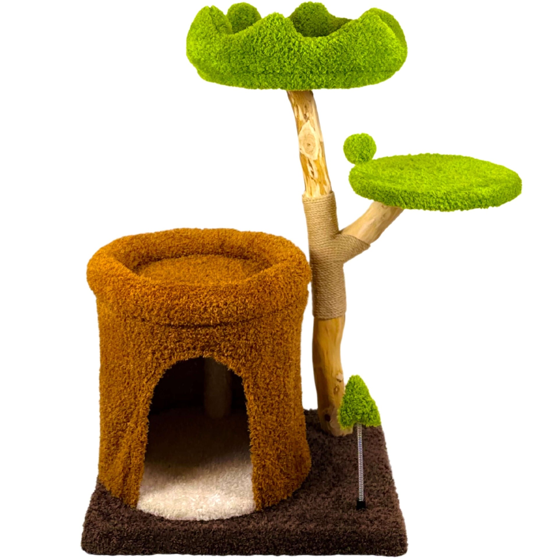 Multi-level wooden cat tree with a cozy enclosed cat cave, plush perches, and a sisal-wrapped scratching post, designed for climbing, lounging, and scratching.
