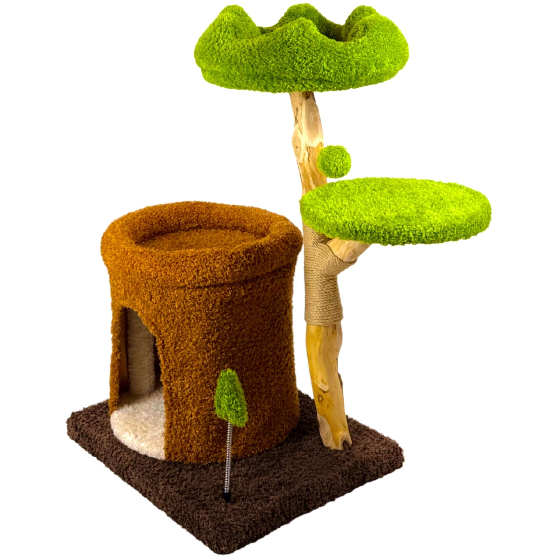 Multi-level wooden cat tree with a cozy enclosed cat cave, plush perches, and a sisal-wrapped scratching post, designed for climbing, lounging, and scratching.