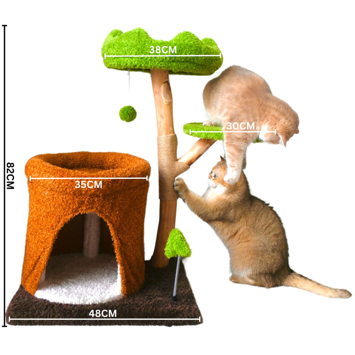 Multi-level wooden cat tree with a cozy enclosed cat cave, plush perches, and a sisal-wrapped scratching post, designed for climbing, lounging, and scratching.