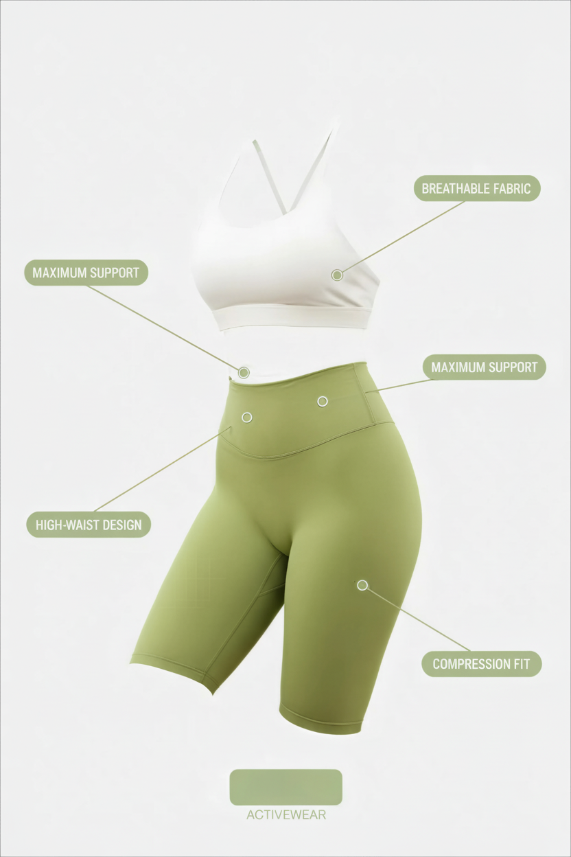 Green athletic shorts with white top on a light gray background, featuring text labels on design elements.