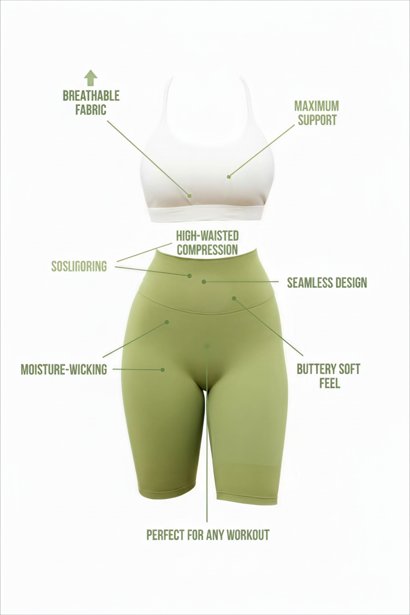 Green athletic shorts with white top on a white background, featuring text labels about product features.