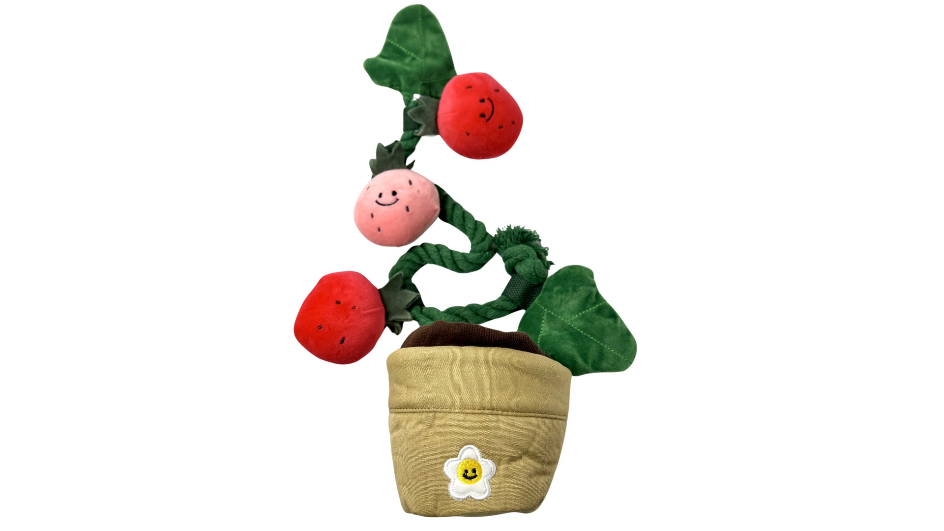 Plush strawberry potted dog toy with removable parts, built-in squeakers, and a treat-hiding feature for interactive and engaging play.
