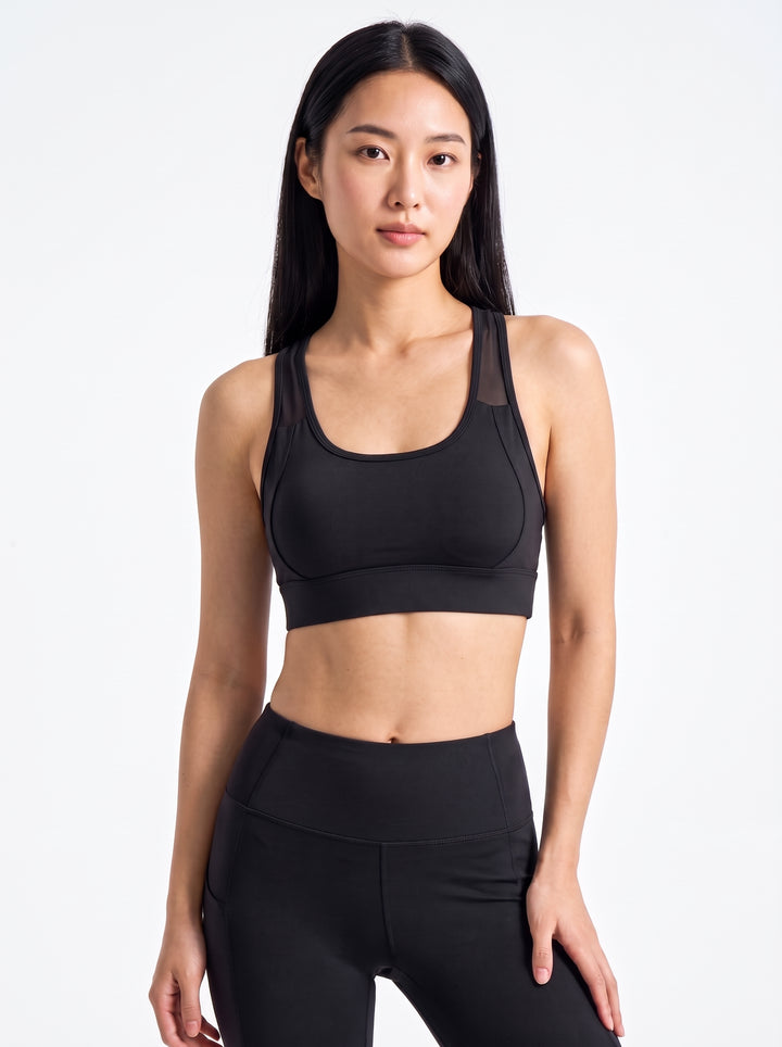 VLIZ women's black scoop-neck sports bra for gym and studio training, front view