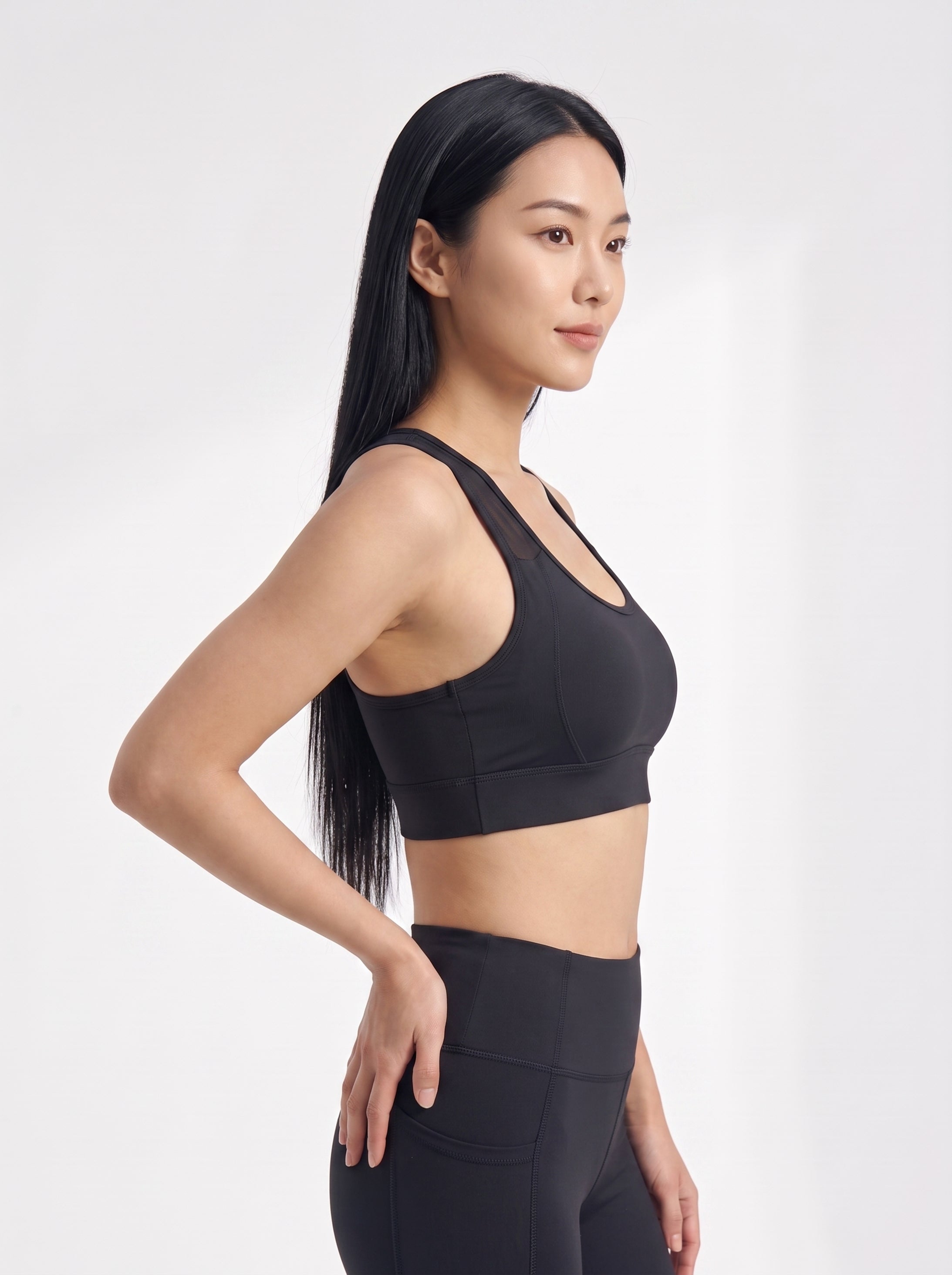 VLIZ women's black supportive workout sports bra, side view