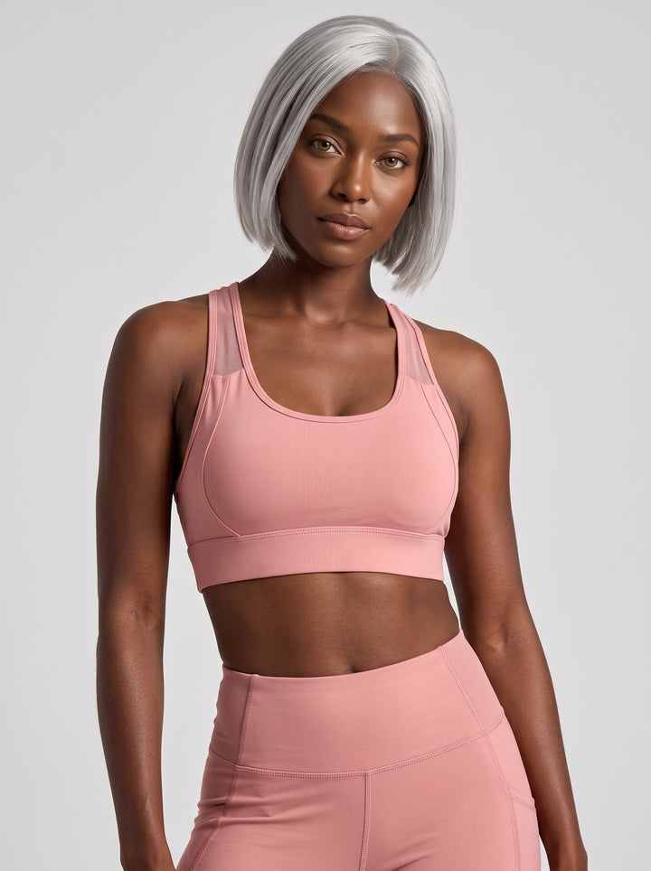 VLIZ women's pink scoop-neck sports bra for gym and studio training, front view
