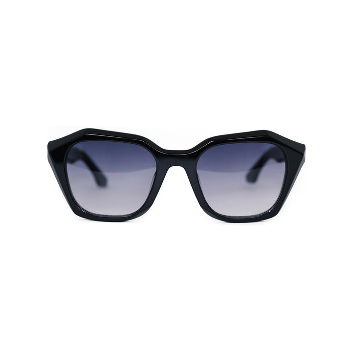 VLIZ Altara sunglasses with black frame and grey lenses, featuring a square-oval sculpted design,UV400 protection, and engraved logo on temples.