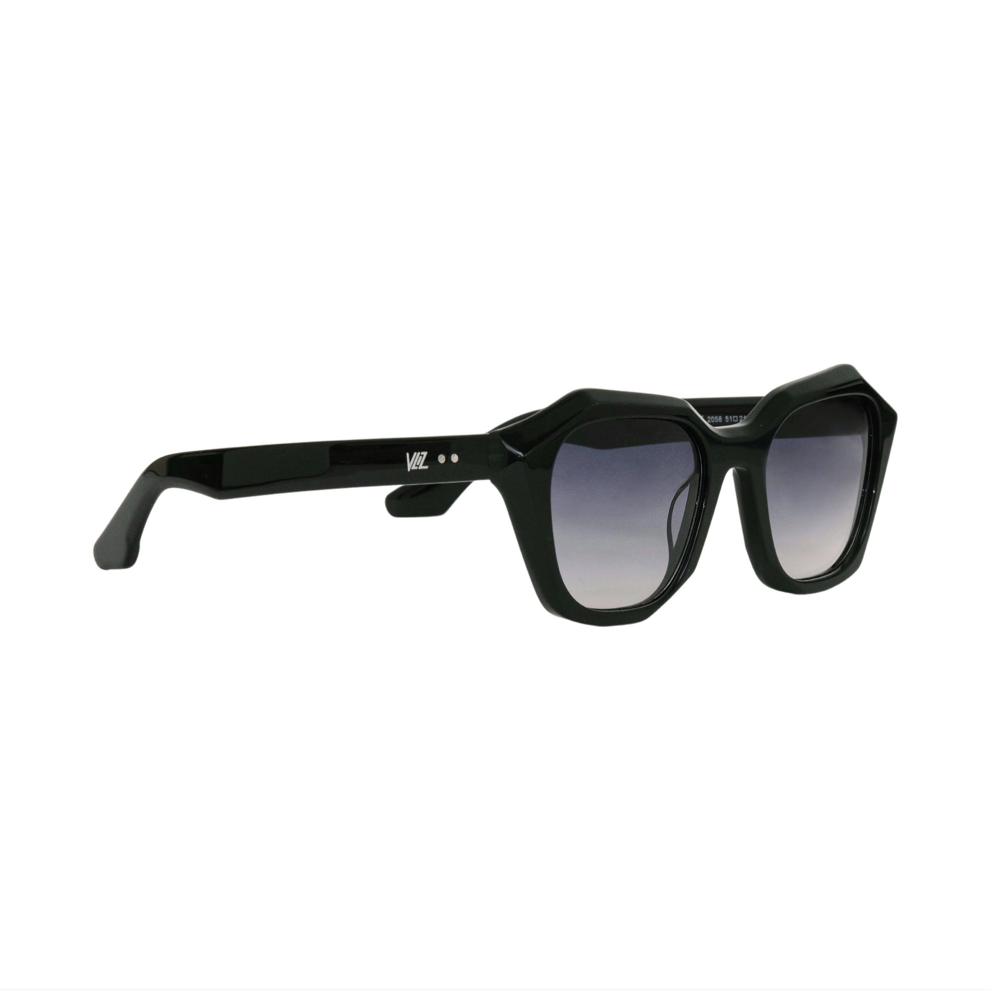 VLIZ Altara sunglasses with black frame and grey lenses, featuring a square-oval sculpted design,UV400 protection, and engraved logo on temples.
