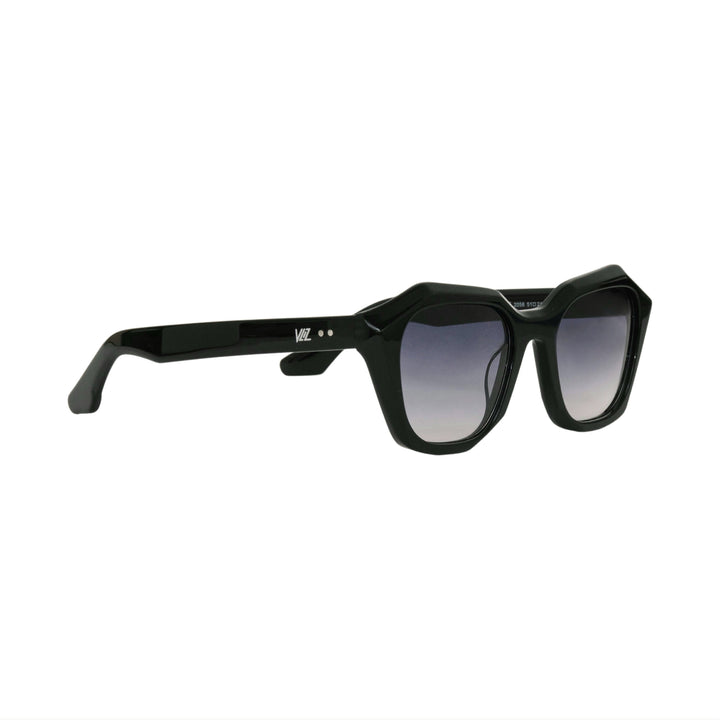 VLIZ Altara sunglasses with black frame and grey lenses, featuring a square-oval sculpted design,UV400 protection, and engraved logo on temples.