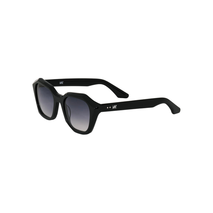 VLIZ Altara sunglasses with black frame and grey lenses, featuring a square-oval sculpted design,UV400 protection, and engraved logo on temples.