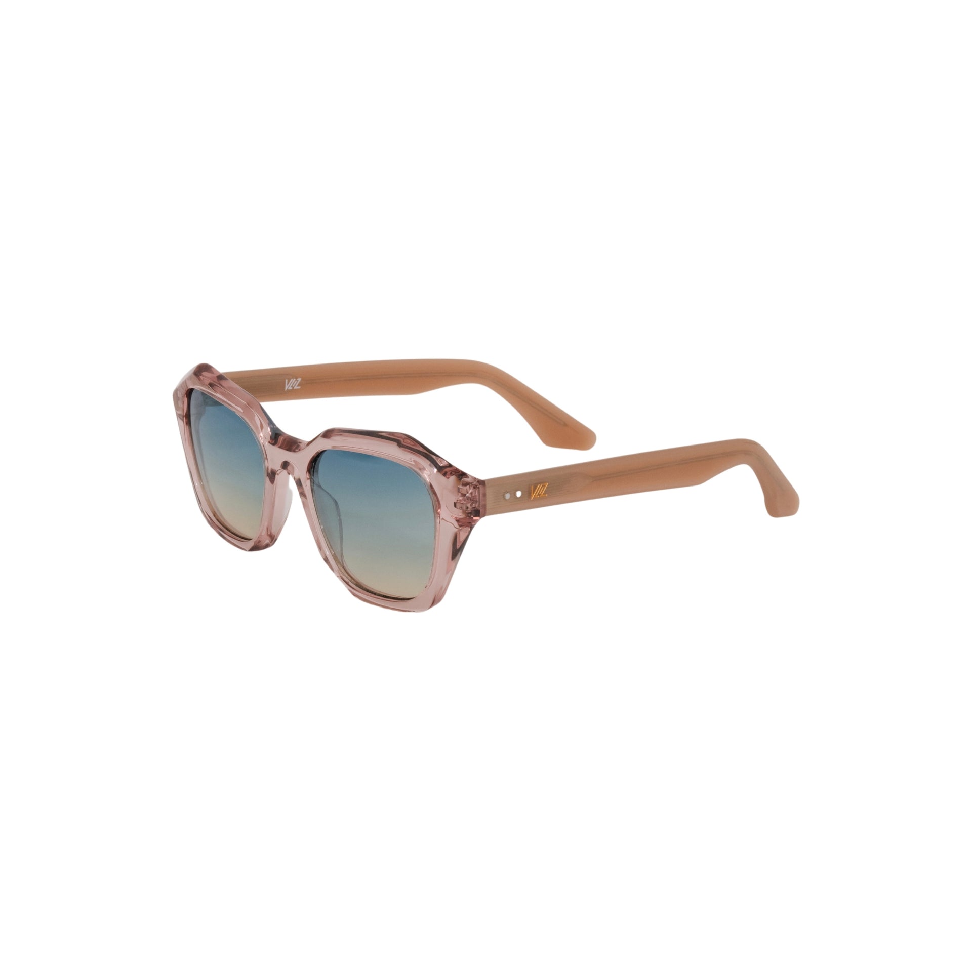 VLIZ Altara sunglasses with translucent pink-gradient frame and blue lenses, featuring a square-oval architectural design, UV400 protection, and and engraved logo on temples.