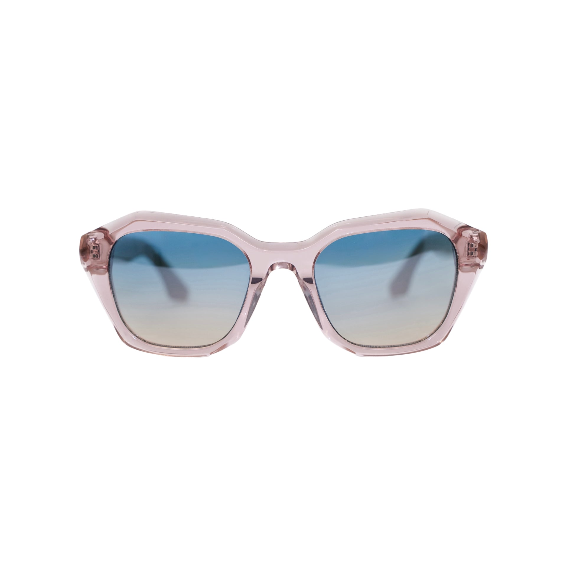 VLIZ Altara sunglasses with translucent pink-gradient frame and blue lenses, featuring a square-oval architectural design, UV400 protection, and and engraved logo on temples.