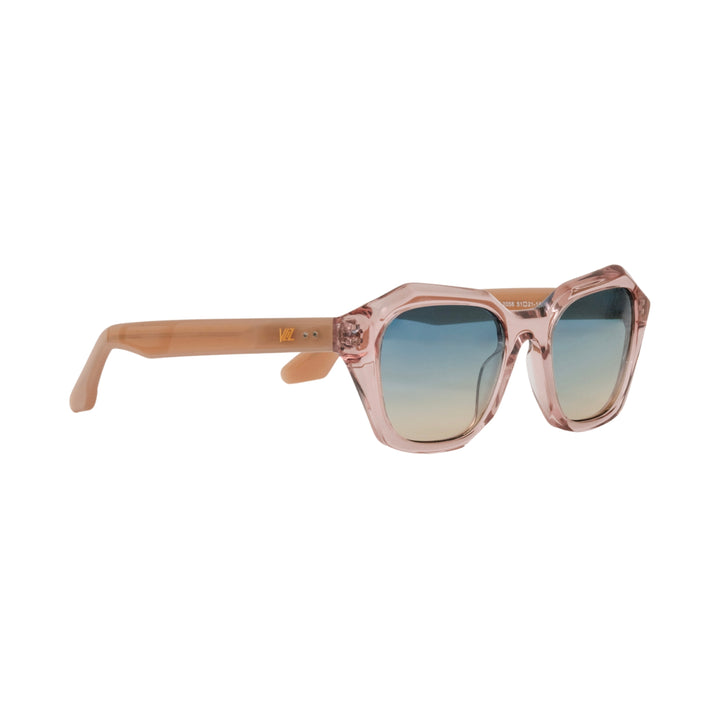 VLIZ Altara sunglasses with translucent pink-gradient frame and blue lenses, featuring a square-oval architectural design, UV400 protection, and and engraved logo on temples.