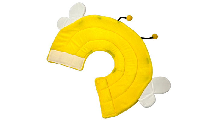Bee-themed pet recovery collar made from soft cotton fabric with sponge padding, featuring adjustable Velcro closure, bee wings, and antennae for comfort and protection.