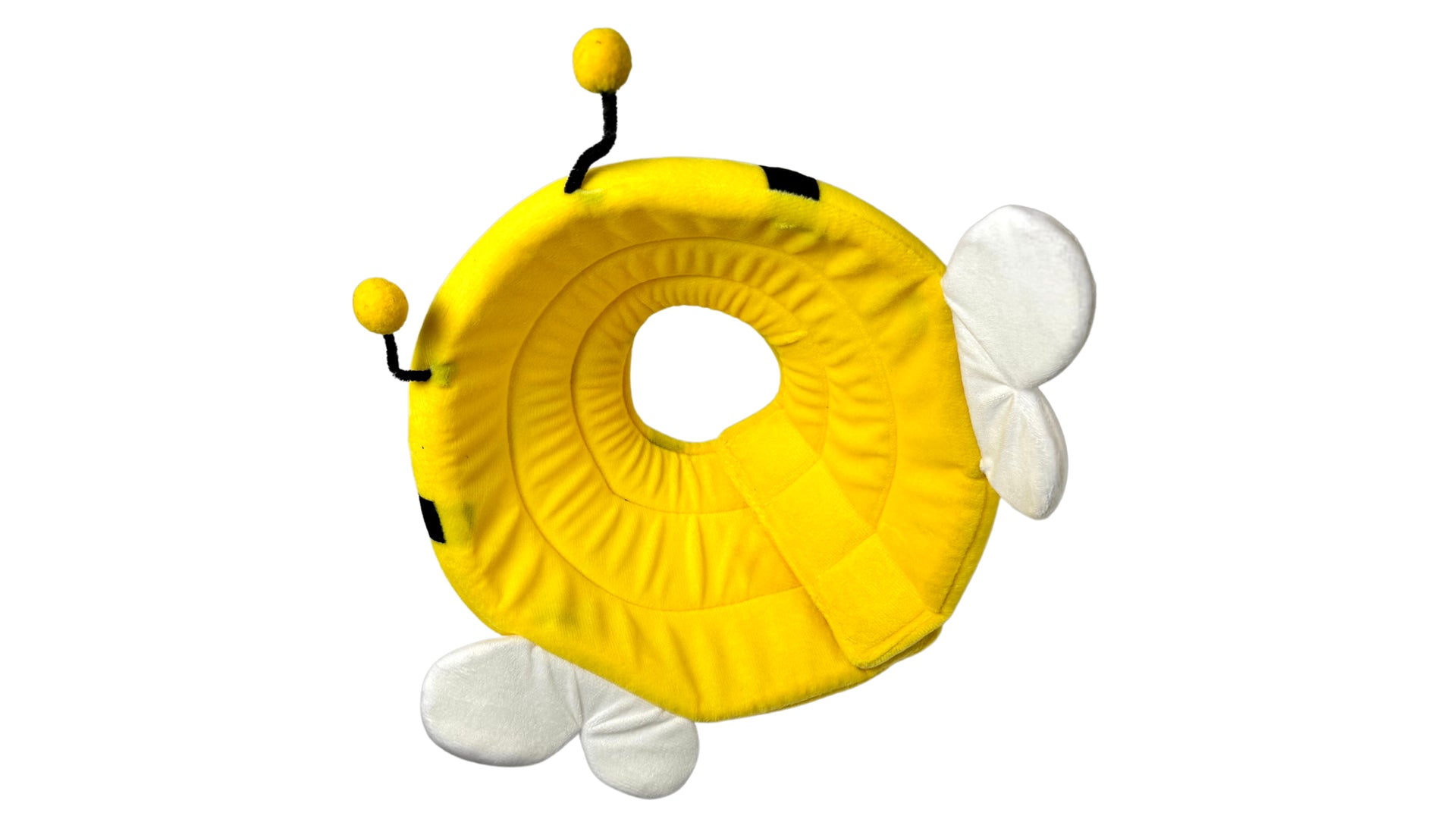 Bee-themed pet recovery collar made from soft cotton fabric with sponge padding, featuring adjustable Velcro closure, bee wings, and antennae for comfort and protection.