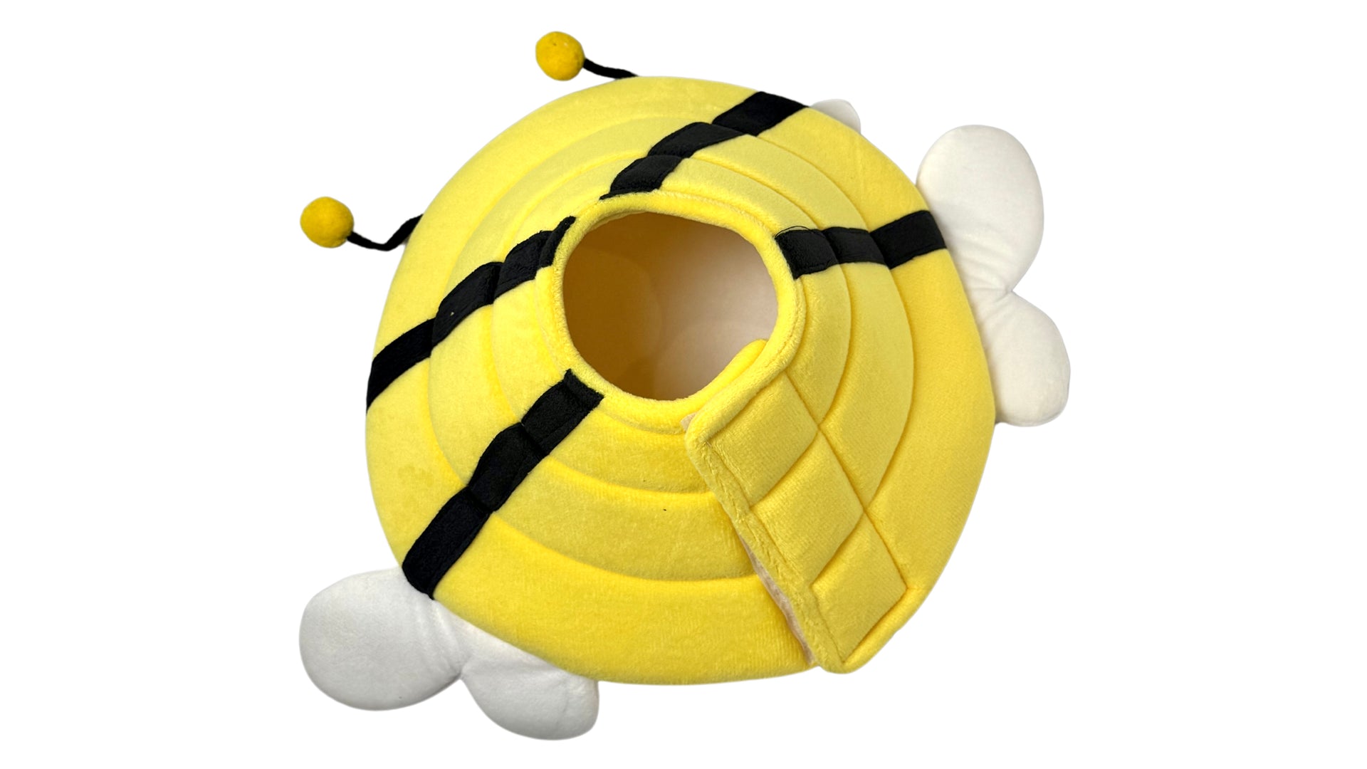 Bee-themed pet recovery collar made from soft cotton fabric with sponge padding, featuring adjustable Velcro closure, bee wings, and antennae for comfort and protection.