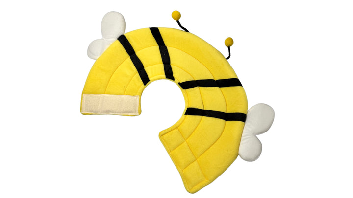 Bee-themed pet recovery collar made from soft cotton fabric with sponge padding, featuring adjustable Velcro closure, bee wings, and antennae for comfort and protection.
