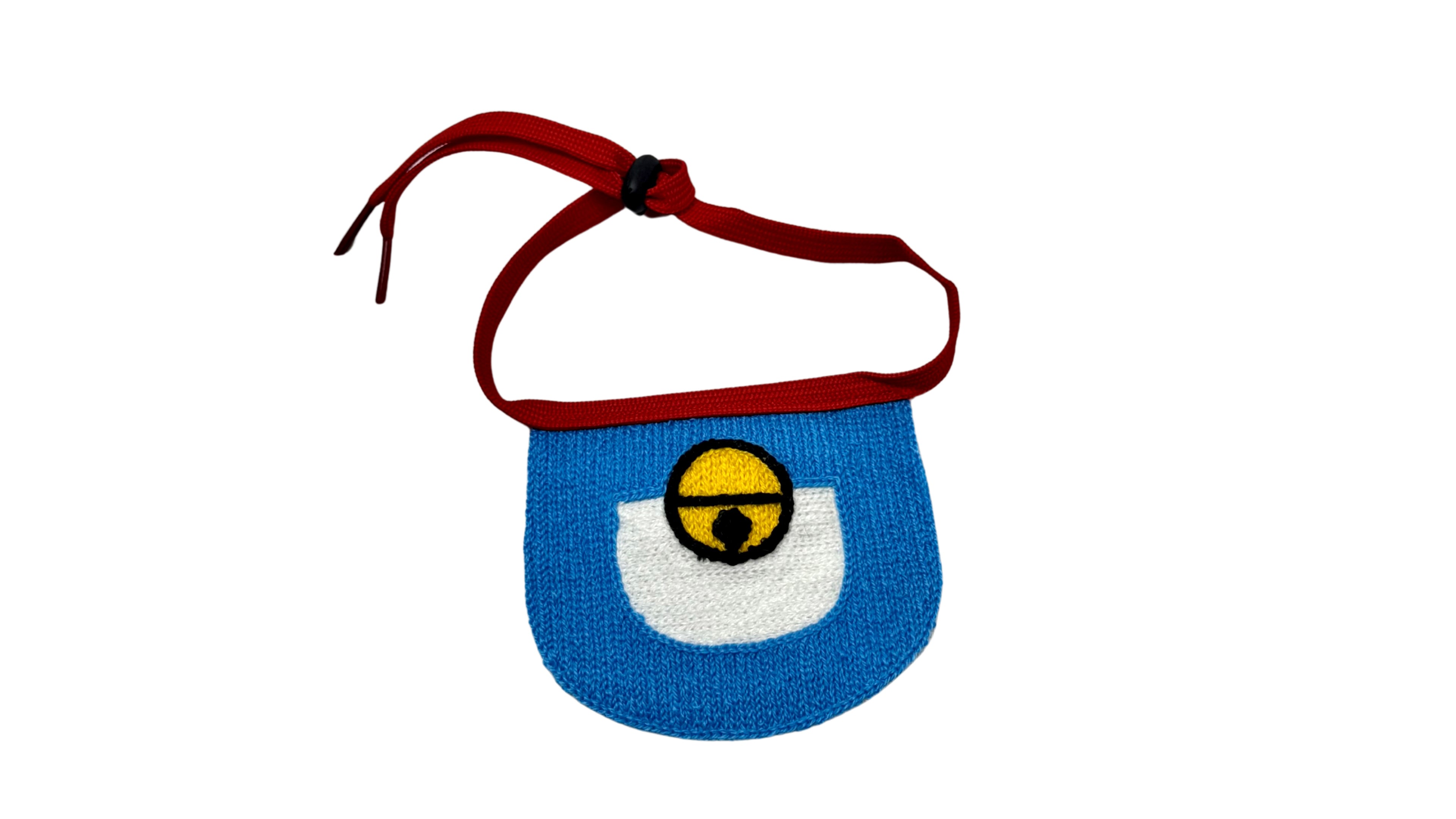 Blue pet bandana with embroidered bell design, made from soft breathable fabric, featuring an adjustable tie-up style for a comfortable and stylish fit.