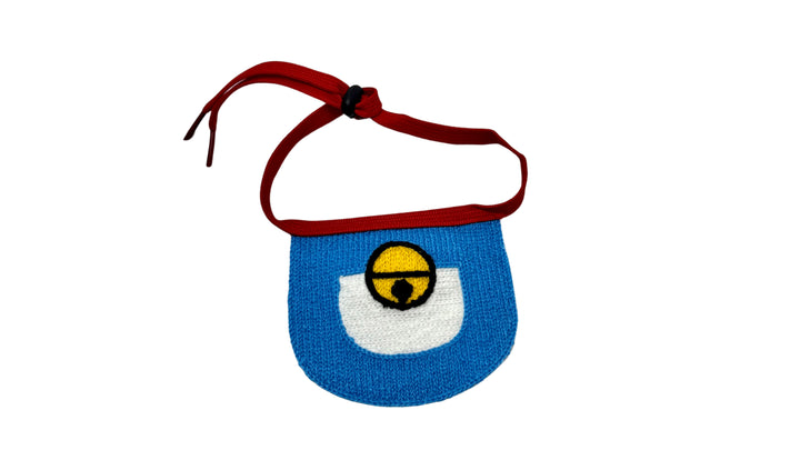 Blue pet bandana with embroidered bell design, made from soft breathable fabric, featuring an adjustable tie-up style for a comfortable and stylish fit.