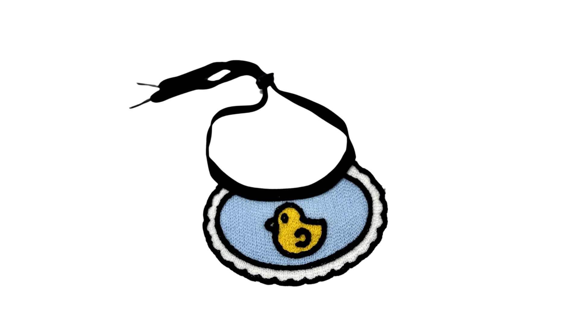 Blue pet bandana with embroidered yellow duck design, made of soft breathable fabric, featuring an adjustable tie-up style for a stylish and comfortable fit.