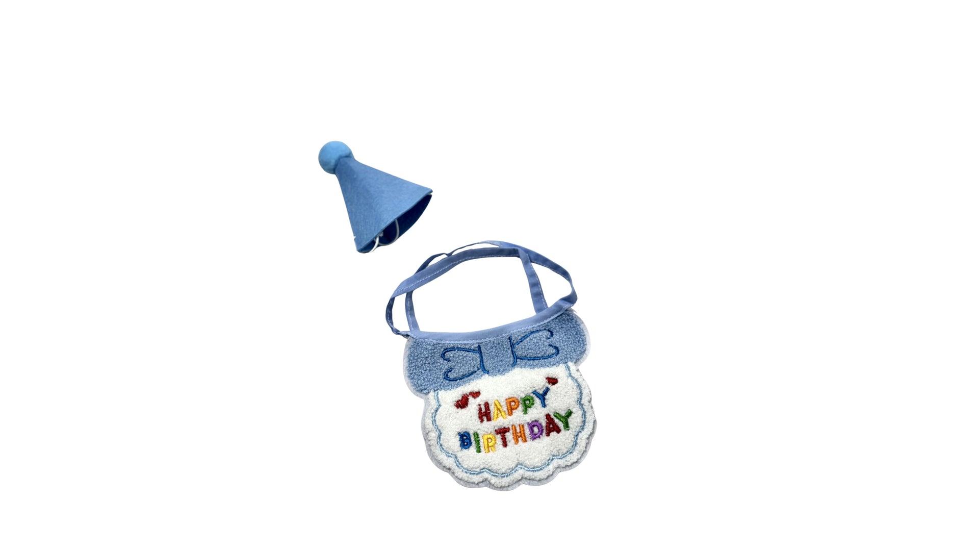 Blue pet birthday set with an adjustable party hat and embroidered bib featuring "HAPPY BIRTHDAY" text, made from soft and breathable fabric for a comfortable fit.