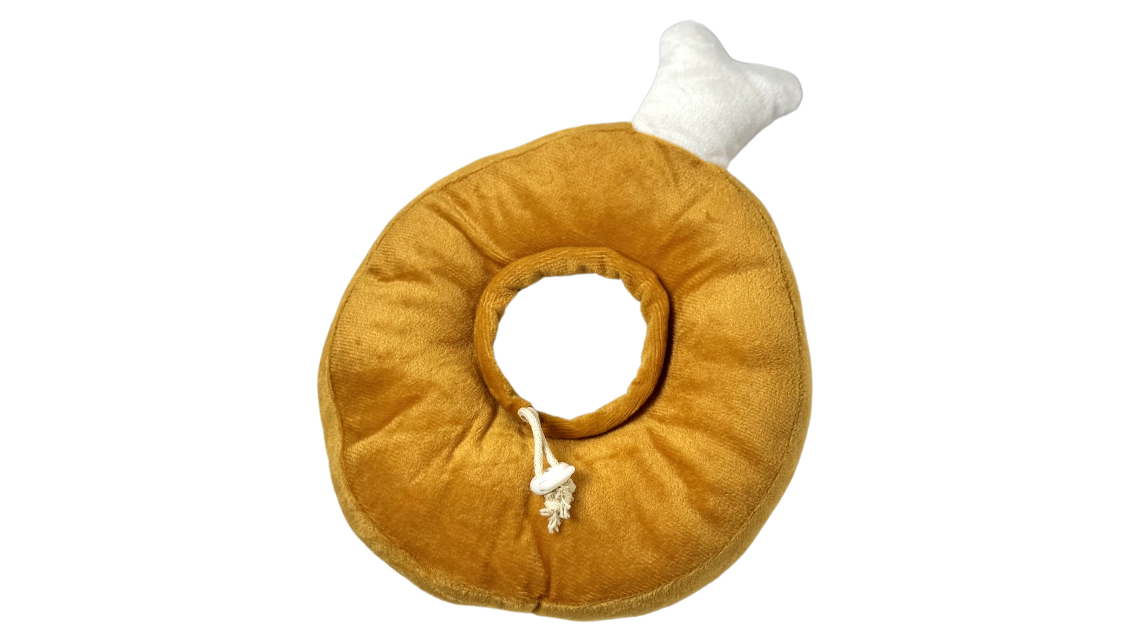 Soft plush chicken leg pet recovery collar with 5cm thick padding, adjustable fit, and a 10cm inner circle diameter for post-surgery protection.