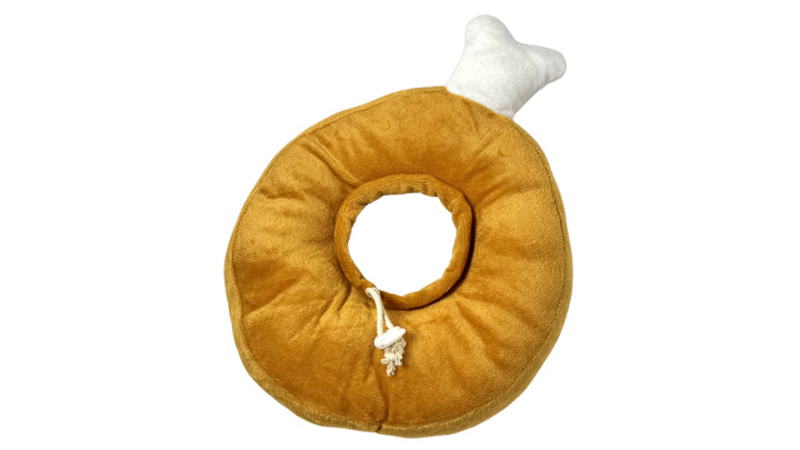 Soft plush chicken leg pet recovery collar with 5cm thick padding, adjustable fit, and a 10cm inner circle diameter for post-surgery protection.