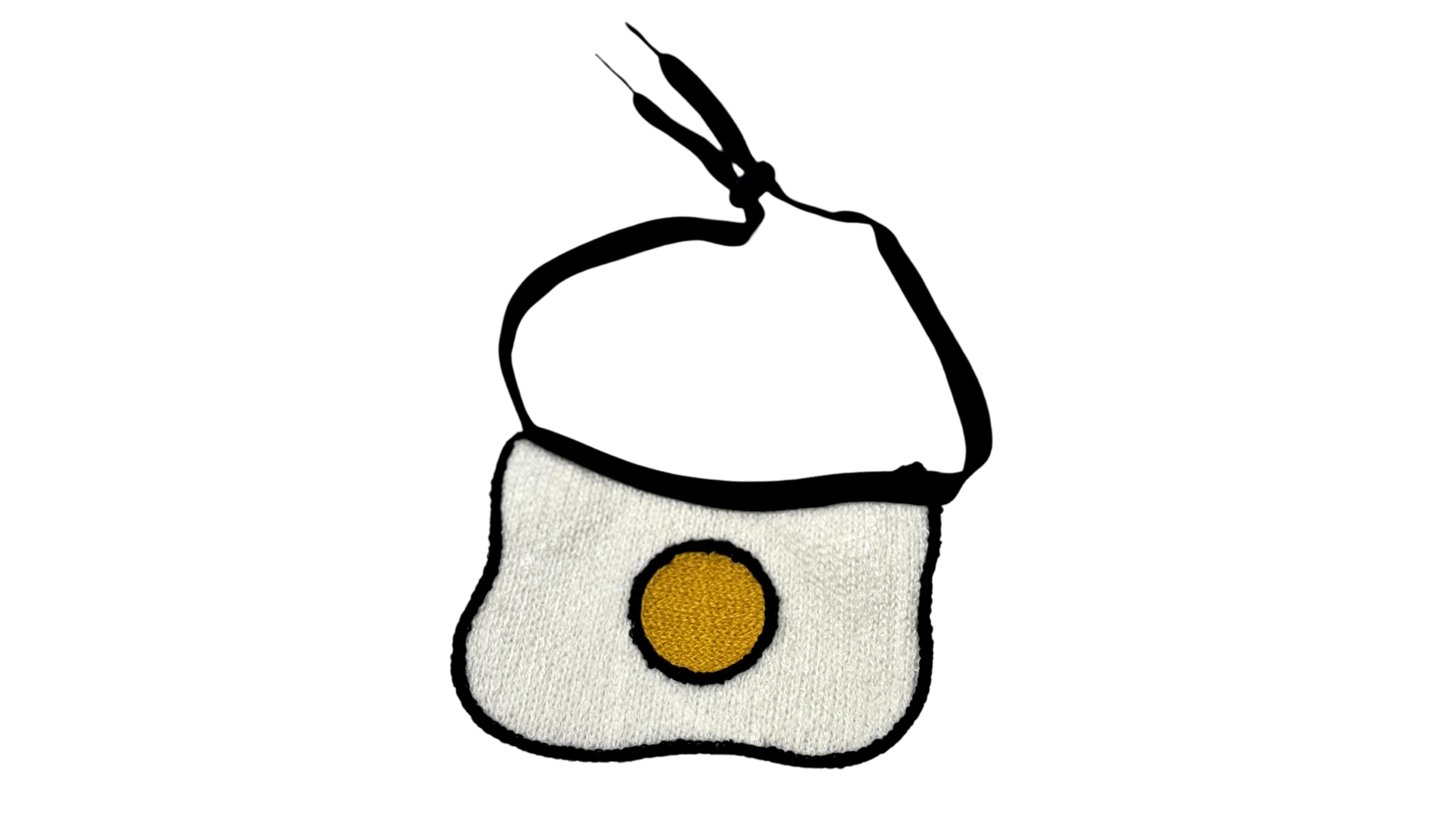 White pet bandana with an embroidered fried egg design, made of soft and breathable fabric, featuring an adjustable tie-up style for a cute and comfortable fit.