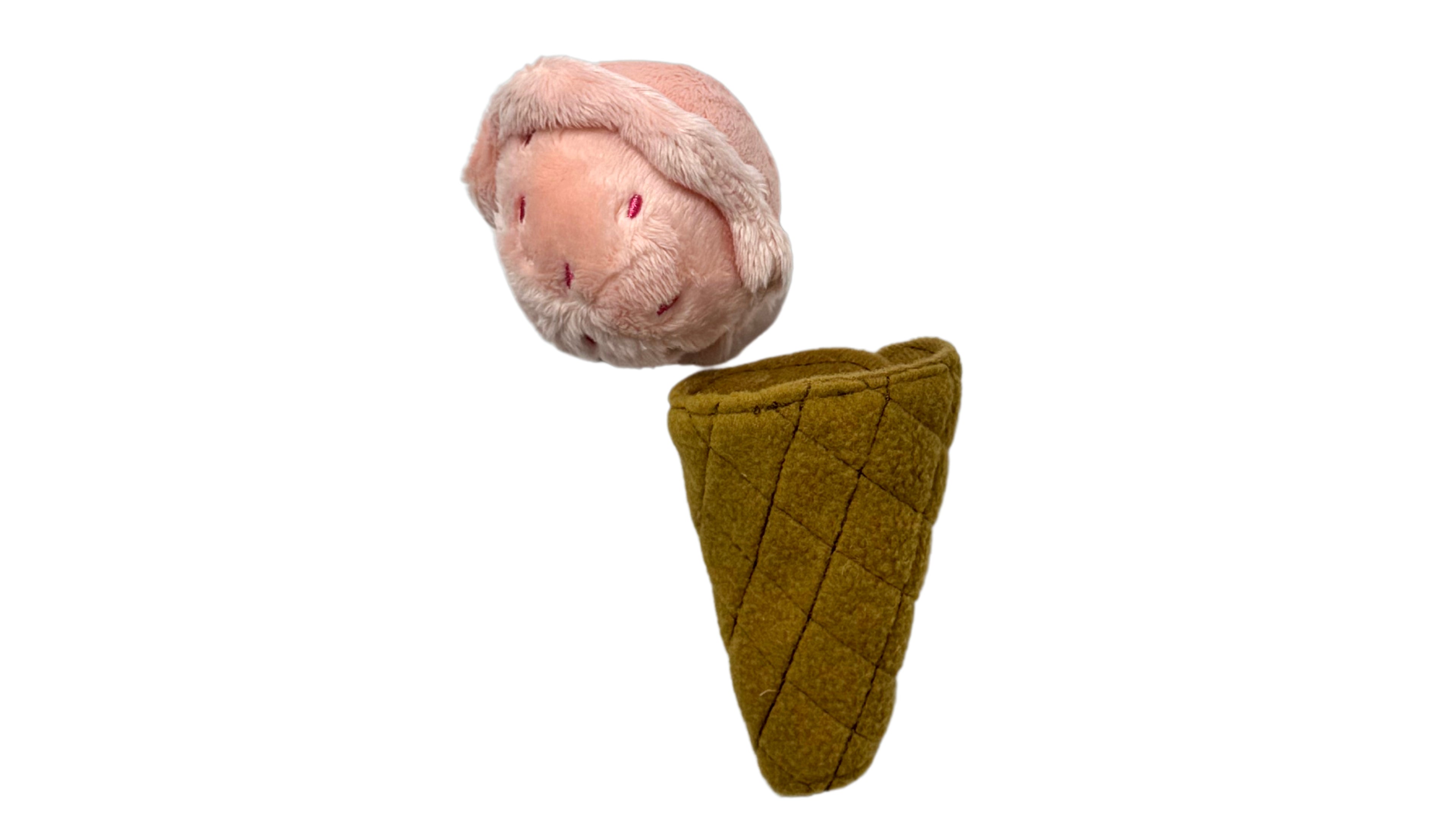 Ice cream-shaped plush snuffle and squeaky pet toy with hidden treat compartments, crinkle paper, and soft fabric for interactive play and mental stimulation