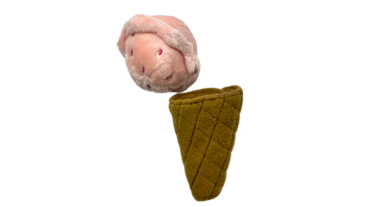 Ice cream-shaped plush snuffle and squeaky pet toy with hidden treat compartments, crinkle paper, and soft fabric for interactive play and mental stimulation