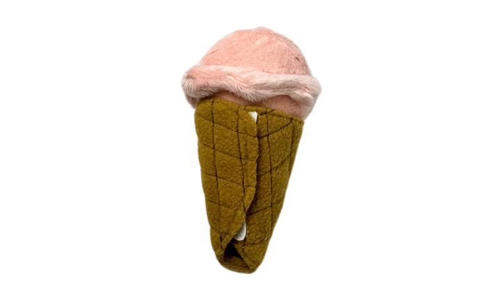 Ice cream-shaped plush snuffle and squeaky pet toy with hidden treat compartments, crinkle paper, and soft fabric for interactive play and mental stimulation