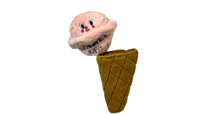 Ice cream-shaped plush snuffle and squeaky pet toy with hidden treat compartments, crinkle paper, and soft fabric for interactive play and mental stimulation.