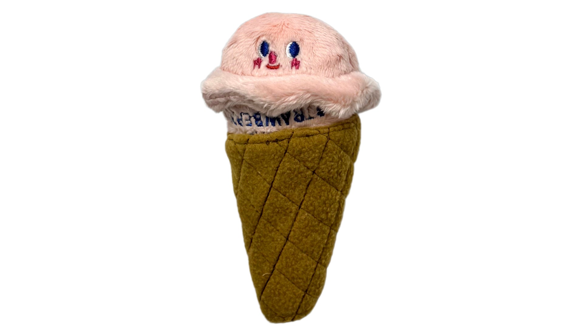Ice cream-shaped plush snuffle and squeaky pet toy with hidden treat compartments, crinkle paper, and soft fabric for interactive play and mental stimulation.