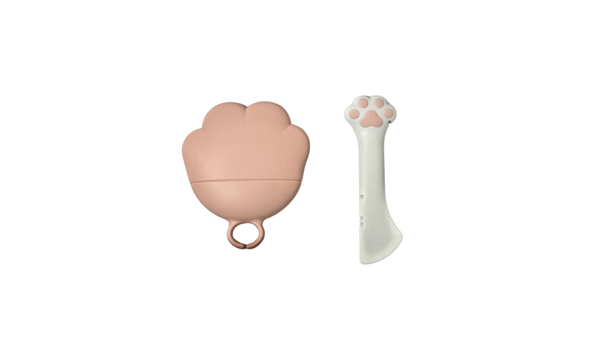 Pink and white pet food can spoon and lid set, made from silicone and resin, designed for scooping, stirring, and sealing wet pet food cans.